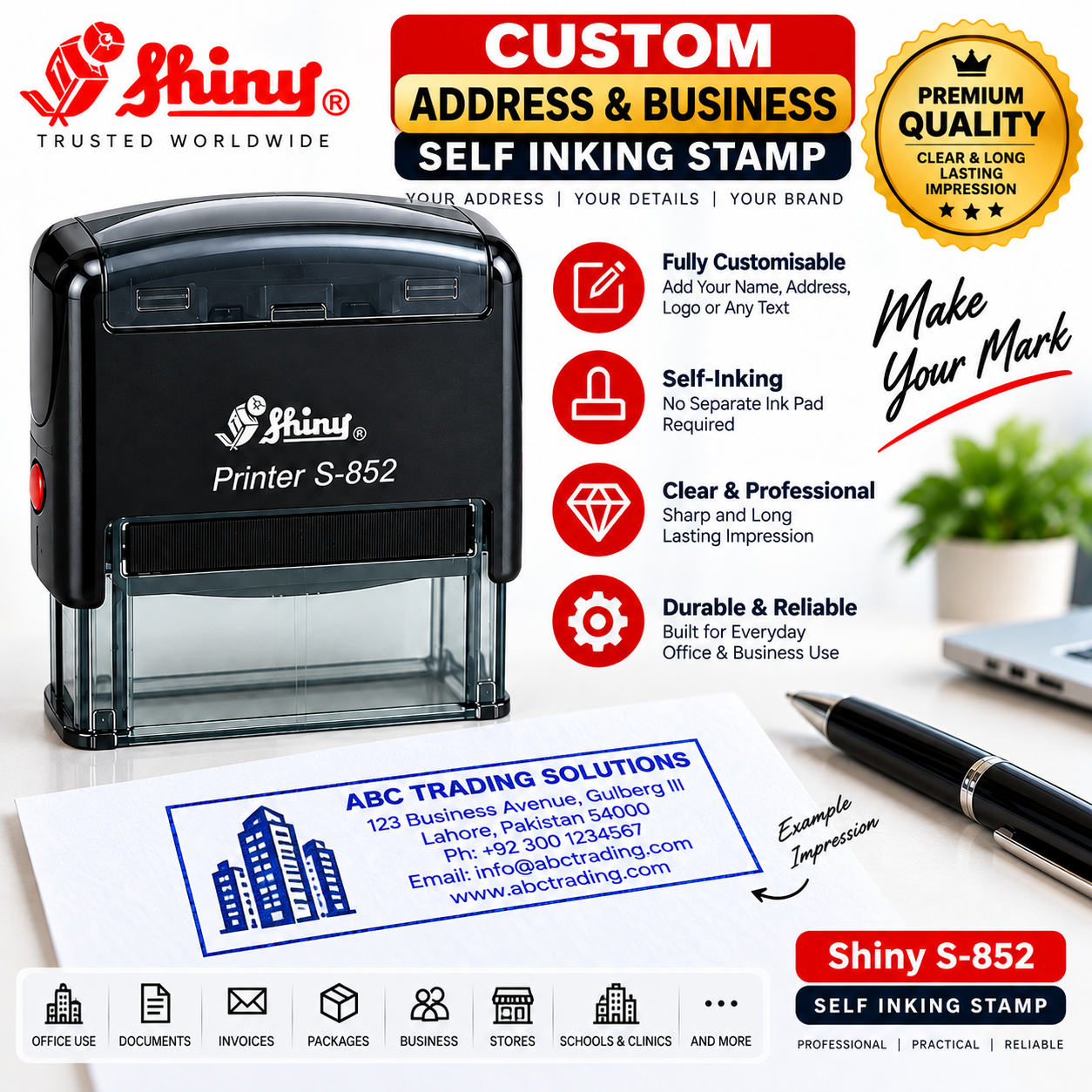 Custom Self Inking Address & Business Stamp – Shiny S-852